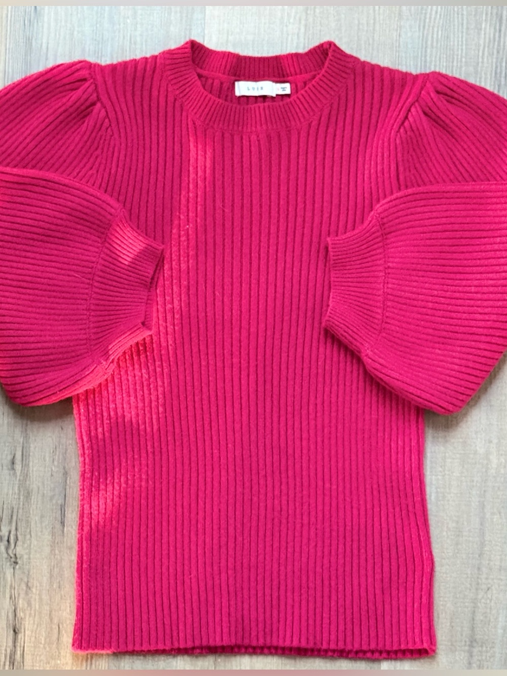 Lush Hot Pink Barbiecore Ribbed Puff-Sleeve Crewneck Knit Sweater Women’s Top